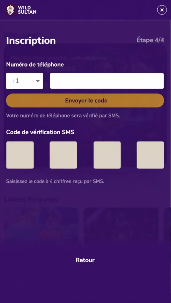 Saisissez votre numéro de téléphone, demandez le code de vérification, puis entrez le code à quatre chiffres reçu par SMS.